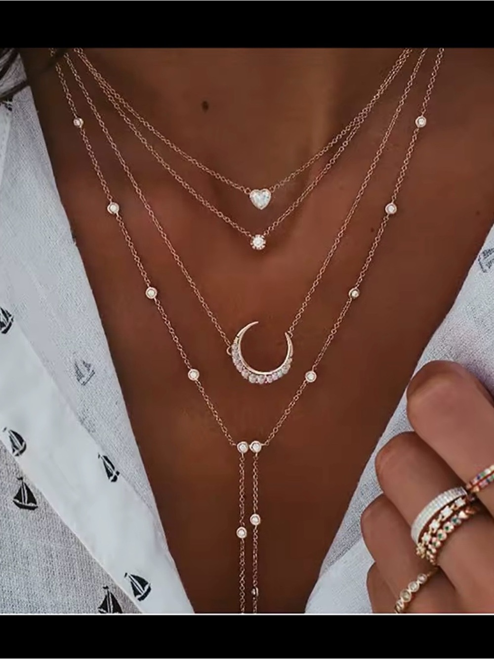 Layered Heart & Crescent Necklace in Rose Gold for Women